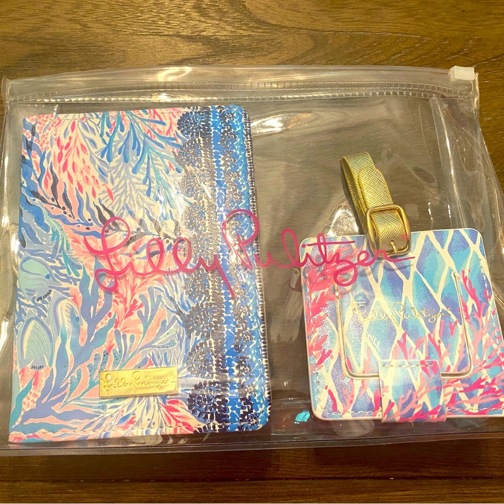 Lilly Pulitzer Travel Set with clear toiletry bag, passport holder, & bag tag.